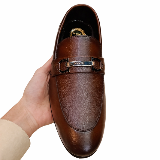 Men’s Brown Artificial Leather Formal Loafers – Stylish Metal Buckle Slip-On Shoes