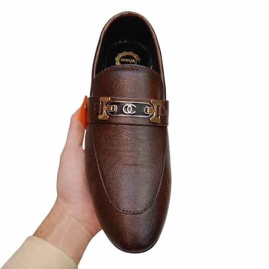 Men’s Brown Artificial Leather Formal Loafers – Stylish Metal Buckle Slip-On Shoes