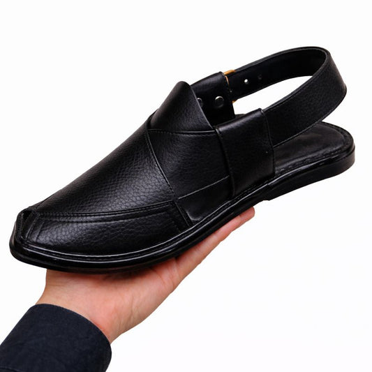 Black leather sandal left side view on white Background