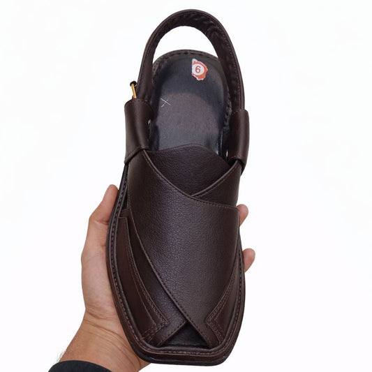 Brown Peshawari sandal front view against a white background