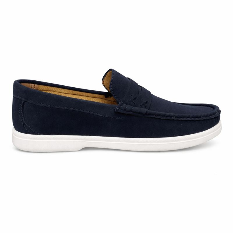 Navy blue loafer shoe on a white background