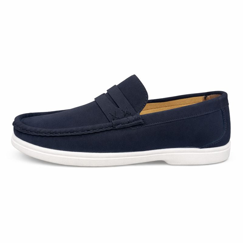 Navy blue loafer shoe on a white background right view